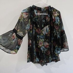 Sheer Floral Womens Top Size Small Flare Sleeve Cowgirl Boho